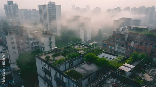 Urban Tranquility A City Adorned with Rooftop Gardens and Enveloped in a Soft Mist of PM Generative ai