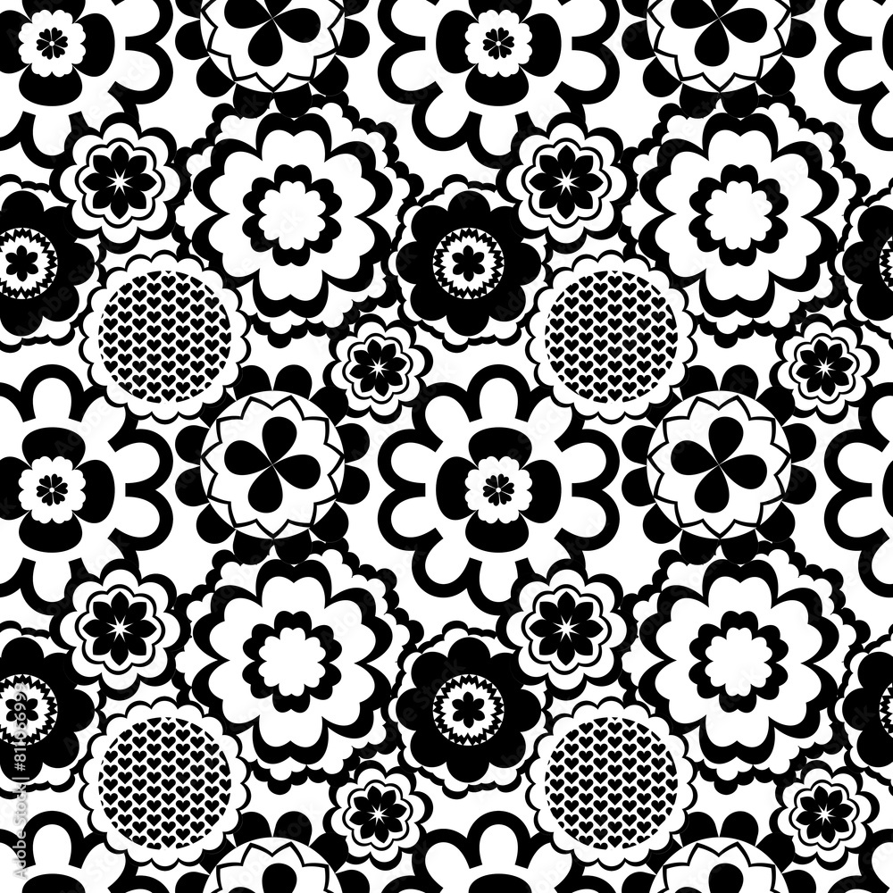 Black white seamless background with flowers ..Abstract, repeating regular pattern for print ..Graphic design with regular shapes. Black white seamless background with flowers ..Abstract, repeating regular pattern for print ..Graphic design with regular shapes.