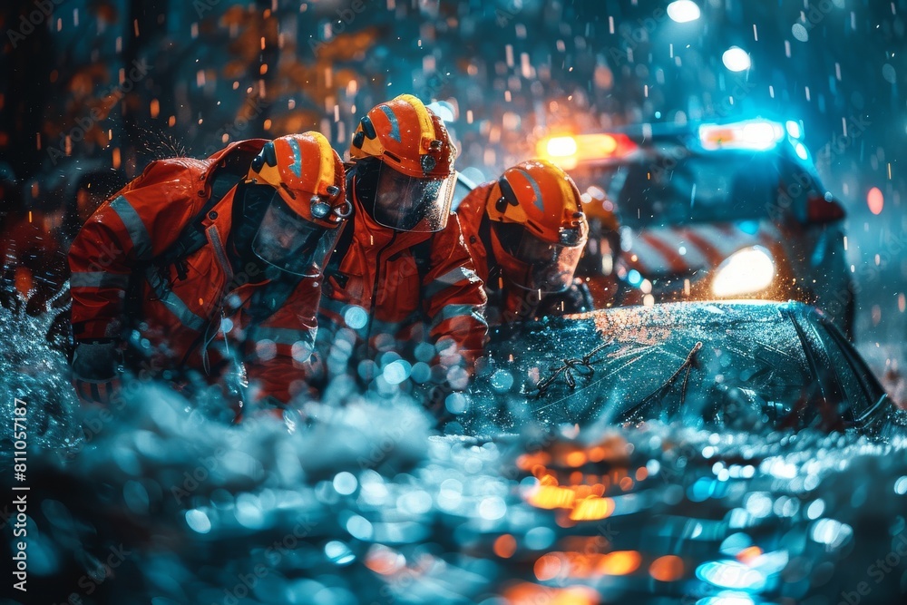 Emergency teams work to rescue a person from a crashed car during a ...