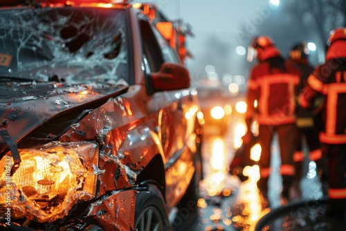 Detailed image of a damaged car after a crash, highlighting the impact and emergency response scenario photo
