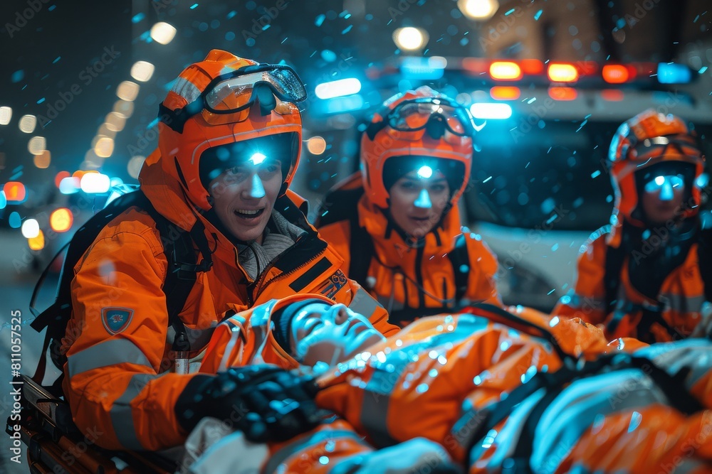 Paramedics in orange uniforms caring for a patient during heavy snowfall at night Reflective safety gear visible