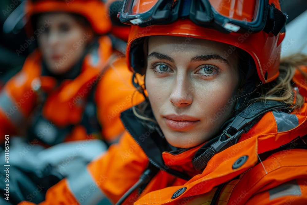 Focused female medic with a patient, showcasing professionalism and readiness during an emergency Focused female medic with a patient, showcasing professionalism and readiness during an emergency