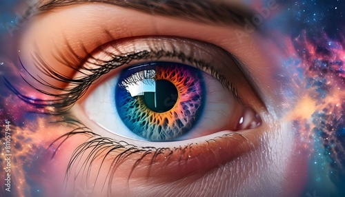 A vibrant and colorful artistic representation of an eye with the universe visible behind, great for screen image composite