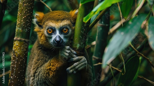 The Greater bamboo lemur also known as Hapalemur simus is among the most endangered primates globally residing in the lush forests of Ranomafana National Park where it sustains itself by fe photo