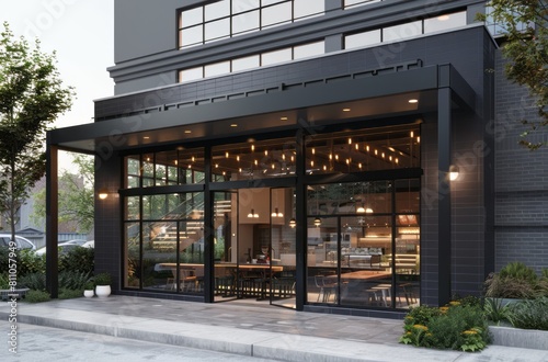 Modern coffee shop exterior, black and grey color scheme, with large windows on the left side of building that open to outside patio area