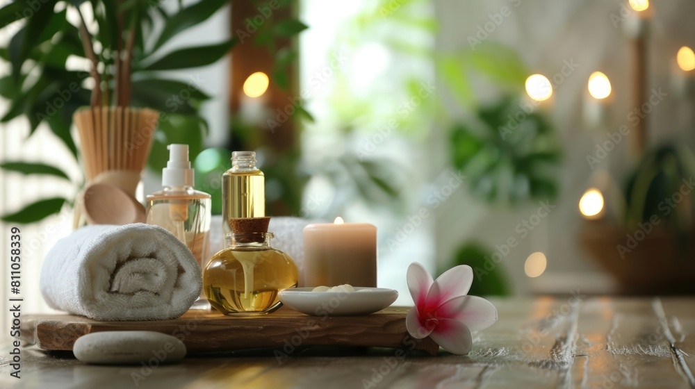 Essential oils in a spa with candles and towel Essential oils in a spa with candles and towel