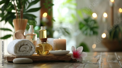 Essential oils in a spa with candles and towel