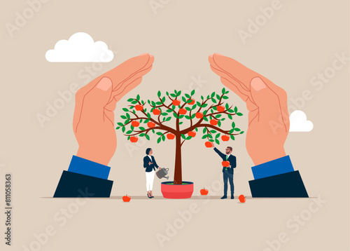 Wellbeing metaphor. People picking apples from tree. Idea, Financial and investment growth. Flat vector illustration