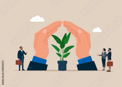 Wellbeing metaphor. Flowers take cover under insurance hands. Flat vector illustration.