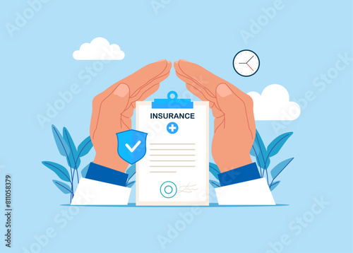 Wellbeing metaphor. Health insurance contract. Vector illustration of insurance concept.