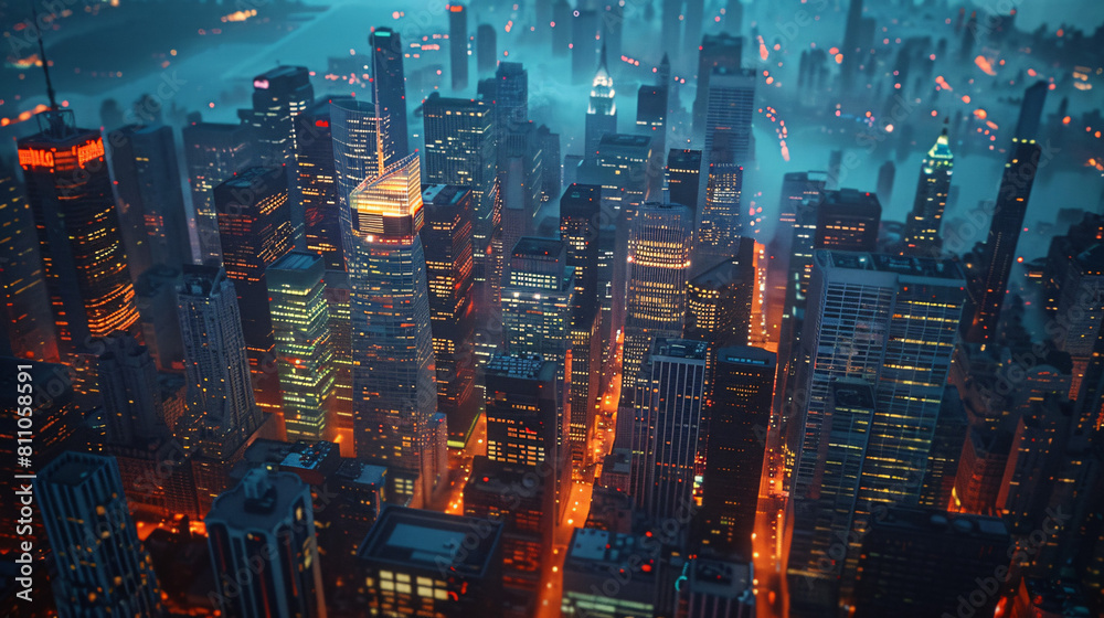 Fototapeta premium Night city illustration with neon glow and vivid colors.