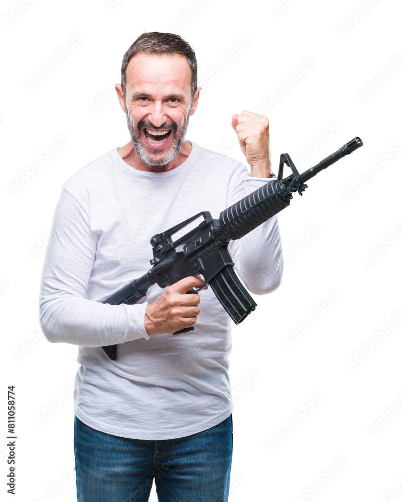 Middle age senior hoary criminal man holding gun weapon over isolated background screaming proud and celebrating victory and success very excited, cheering emotion Middle age senior hoary criminal man holding gun weapon over isolated background screaming proud and celebrating victory and success very excited, cheering emotion