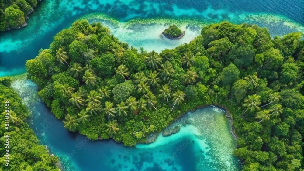 An aerial view of the green jungle island surrounded by crystal clear turquoise water