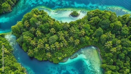 An aerial view of the green jungle island surrounded by crystal clear turquoise water