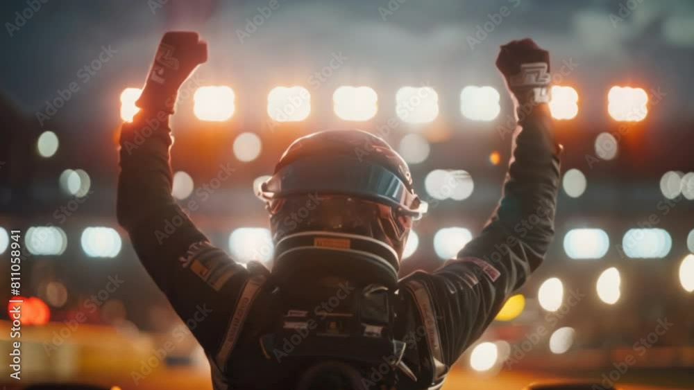 Silhouette of a racing driver celebrating victory in a race against bright lights in a stadium.