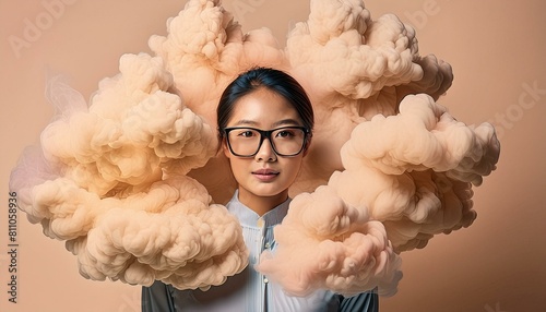 Portrait einer attraktiven Frau mit Brille, umgeben von cremefarbenem Rauch vor einem beigen Hintergrund. photo