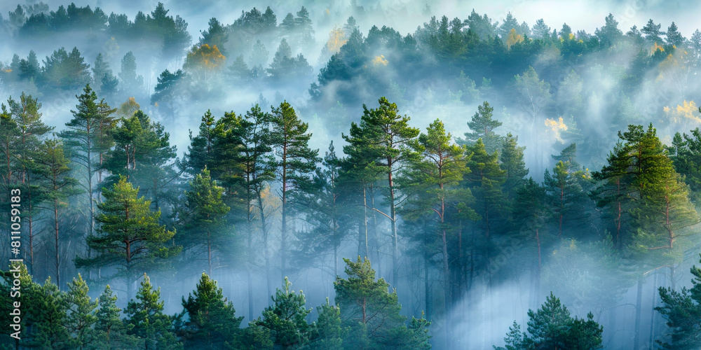 Ethereal Mist in Pine Forest Scenery
