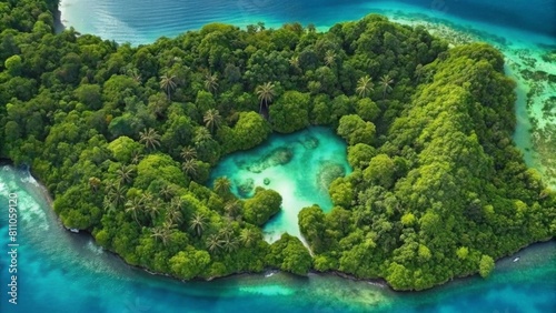 An aerial view of the green jungle island surrounded by crystal clear turquoise water