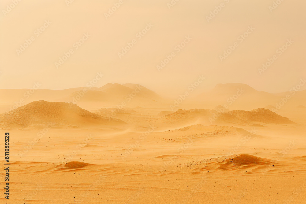 Vast and Serene Desert Dunes Under Hazy Sunset Sky, Tranquil Sandy Landscape. Vast and Serene Desert Dunes Under Hazy Sunset Sky, Tranquil Sandy Landscape.