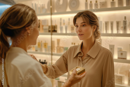Elegant Woman Being Assisted While Exploring Various Perfume Options at Boutique.