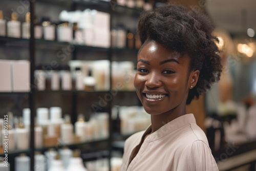 Cheerful young African American salesperson with a beautiful hairstyle in a well-lit beauty store environment.