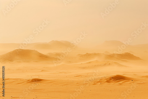 Vast and Serene Desert Dunes Under Hazy Sunset Sky, Tranquil Sandy Landscape.