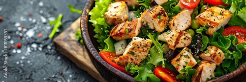 Fresh Caesar salad with grilled chicken, realistic food banner, top view with copy space