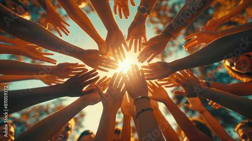 Close-up group of people joining hands together as the sun rises or sunset