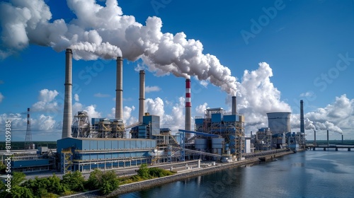 Coal power plant with towering smokestacks emitting plumes of smoke against a backdrop of blue skies and fluffy white clouds