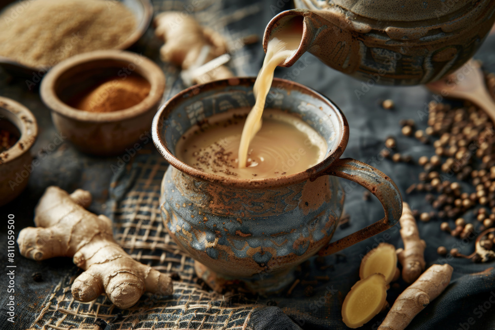Delicious creamy chai tea pouring into a rustic ceramic mug with spices Delicious creamy chai tea pouring into a rustic ceramic mug with spices