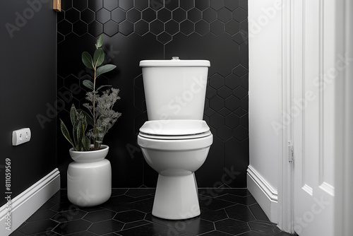 Sleek White Toilet in Modern Bathroom with Stylish Hexagonal Black Tiles and Greenery.