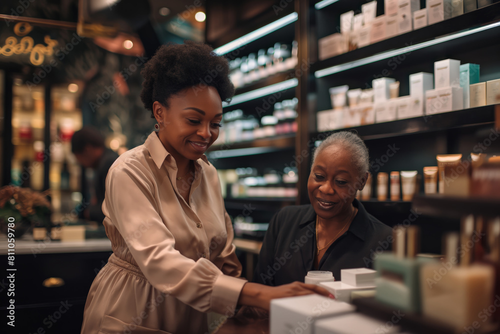 Two cheerful women engage in a friendly conversation over cosmetics products at a store counter.  African American salesperson, merchandising
