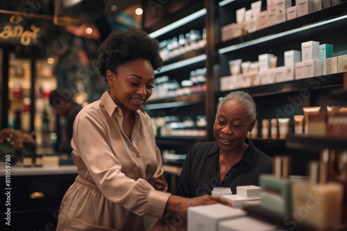 Two cheerful women engage in a friendly conversation over cosmetics products at a store counter. African American salesperson, merchandising