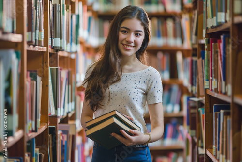 backdrop of bookshelves, a young woman stands in the school library, holding books and gazing directly at the camera with a warm smile, showcasing the joy of learning and intellect