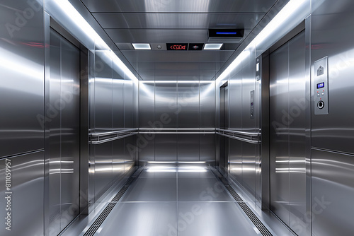 Inside a Modern Elevator with Steel Walls, Empty, Illuminated, and Futuristic Design