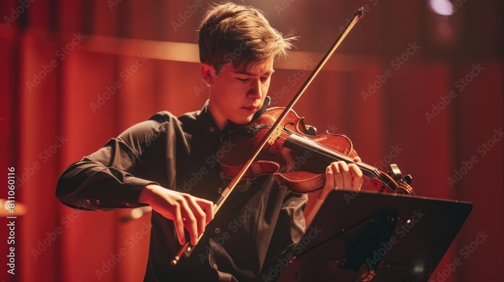 Fototapeta premium Musician playing the violin, Boy with an instrument on a concert stage.