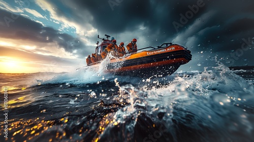 Incentive rugged high speed lifeboat with crew on the open sea at sunset, dramatic storm clouds and splashing waves. photo
