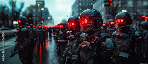 A group of riot police robots, a vision of the future world, dangers from technology photo