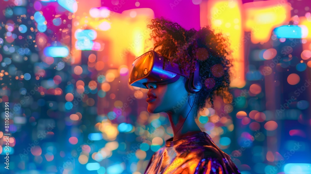 A person wearing a VR headset exploring a virtual world, neon light city background A person wearing a VR headset exploring a virtual world, neon light city background