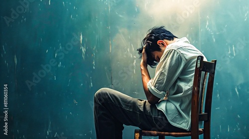 A young man sits on a wooden chair with his head in his hands, a sad and depressed expression, blue watercolor background