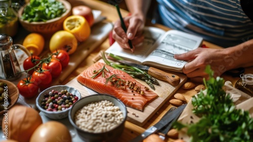 Nutritionist with healthy food and diet planning, salmon and healthy food on wooden table