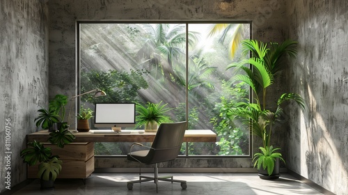 Stylish office interior with workplace, pc computer and window. Mock up wall  © Shahriyar