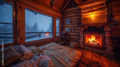 Modern loft bedroom with beige bedding near fireplace, loft interior design theme © Oleg