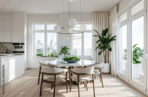 Modern dining room with white walls and a wooden floor  a large window on the right side
