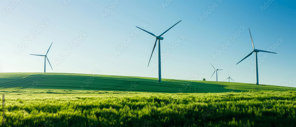 Landscape with wind turbines on green hills. Wind eco friendly power concept. Generating renewable electricity. Wind Farm. Generative ai Landscape with wind turbines on green hills. Wind eco friendly power concept. Generating renewable electricity. Wind Farm. Generative ai