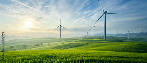 Landscape with wind turbine on green hills. Wind eco friendly power concept. Generating renewable electricity. Wind Farm. Generative ai