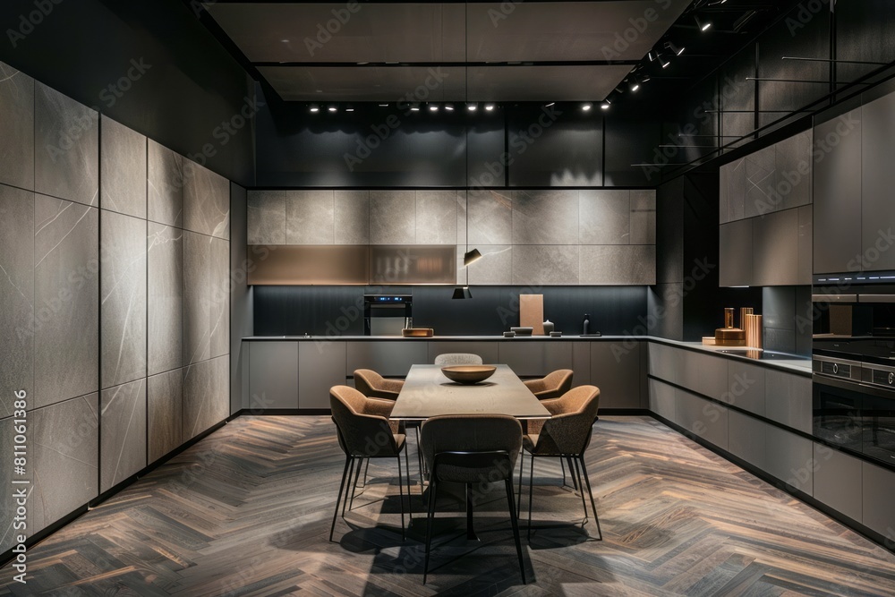 Modern interior design, kitchen with dining table and chairs, grey wall panels with light gray tiles Modern interior design, kitchen with dining table and chairs, grey wall panels with light gray tiles