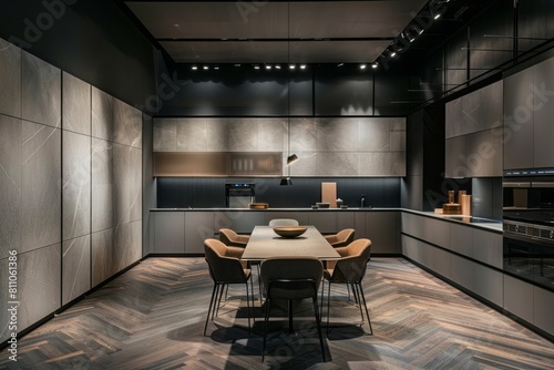 Modern interior design, kitchen with dining table and chairs, grey wall panels with light gray tiles