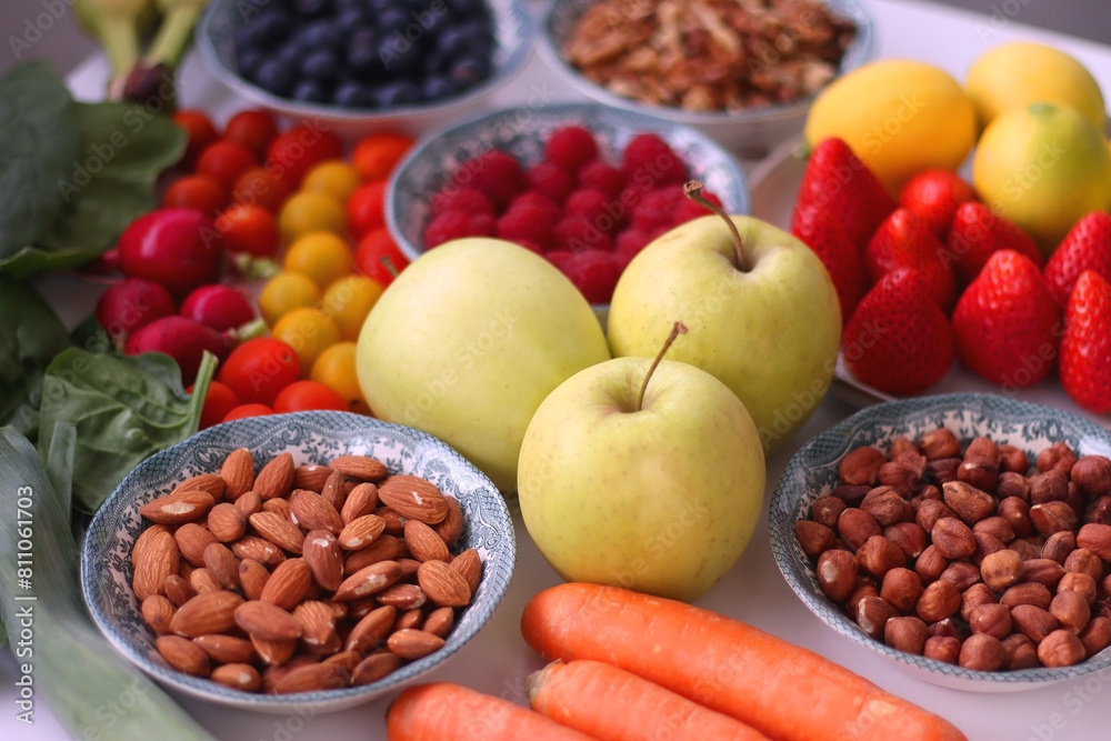 Apples, lemons, bananas, berries, carrots, leek, tomatoes, radishes, spinach and various nuts on white background. Healthy seasonal fruit and vegetable. Selective focus. Apples, lemons, bananas, berries, carrots, leek, tomatoes, radishes, spinach and various nuts on white background. Healthy seasonal fruit and vegetable. Selective focus.