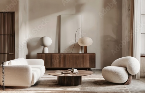 Modern interior design of a living room with a beige sofa, armchair and wooden sideboard against the wall in neutral colors